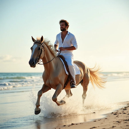 Handsome young man riding a horse on the beach at sunsetの素材