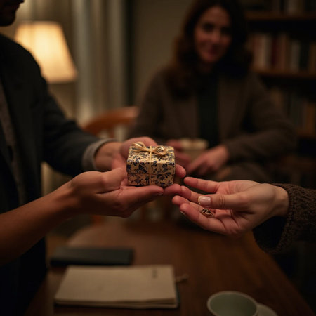 Man giving a gift box to his girlfriend at home. Selective focus.の素材
