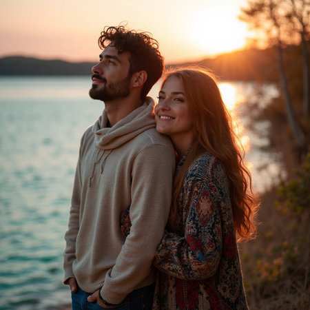 Beautiful young couple in warm sweaters hugging and looking at each other while standing on the beach at sunsetの素材
