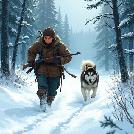 A hunter with a dog in the winter forest. A man with a gun and a dog.の素材