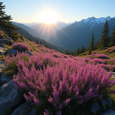 Beautiful alpine meadow with blooming heather flowers in mountains at sunrise.の素材