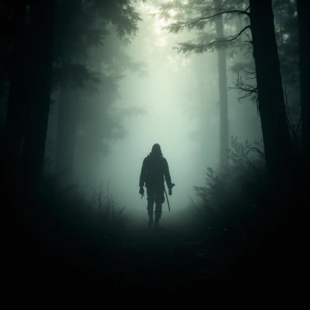 Silhouette of a man with a gun in the dark forestの素材