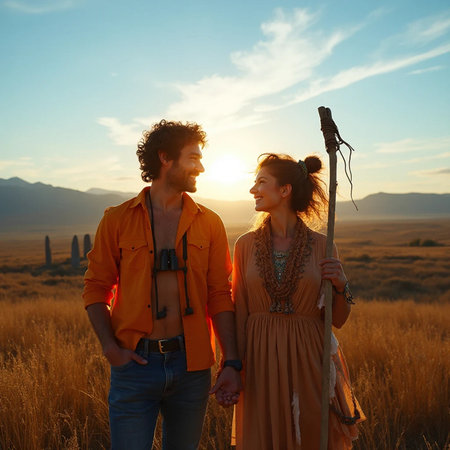 Young hippie couple with guitar walking in the field at sunset.の素材