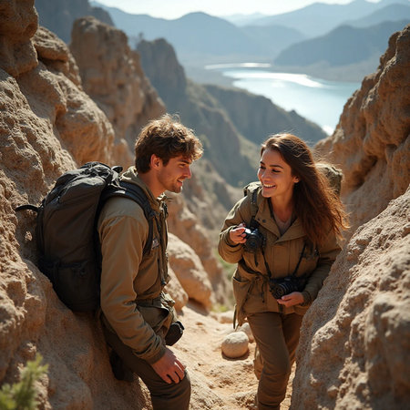 Young couple hiking in the mountains. Man and woman traveling together.の素材