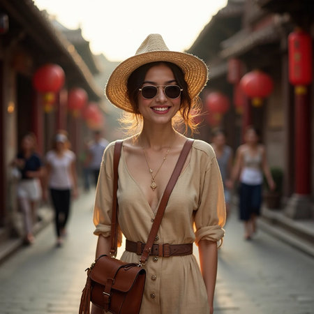 Young asian woman traveler wearing straw hat and sunglasses walking in old town of Xian, Chinaの素材