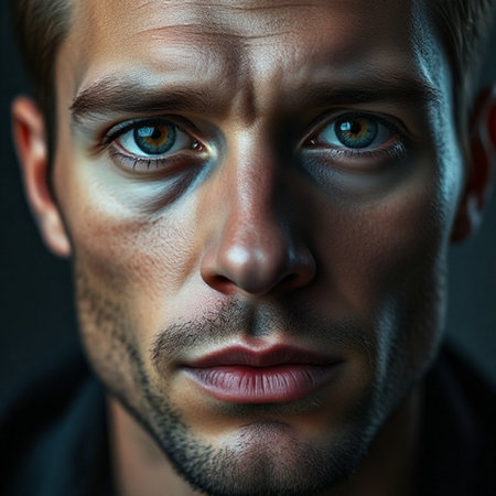 Close-up portrait of a handsome young man with blue eyes.の素材