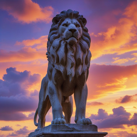 Lion statue at sunset in St.Petersburg, Russia.の素材