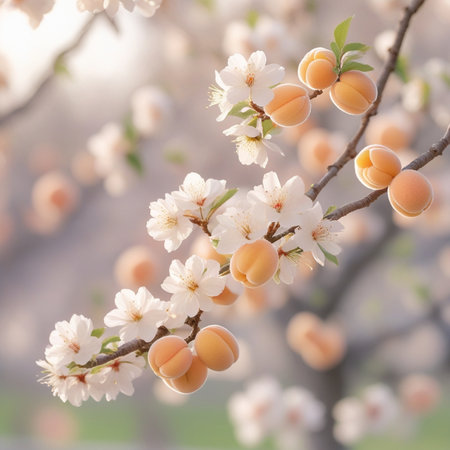 Apricot tree branch with blooming flowers on blurred background.の素材