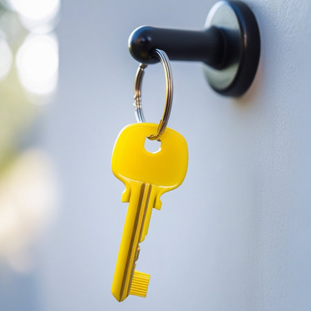 Key ring with yellow color on the door knob, close up.の素材