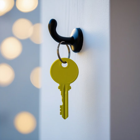 Key in keyhole on white door with light bokeh backgroundの素材