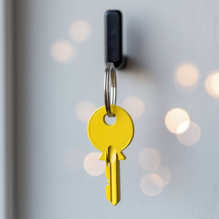 Key in the lock of the door with bokeh light backgroundの素材