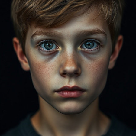 Close-up portrait of a boy with blue eyes on a black backgroundの素材