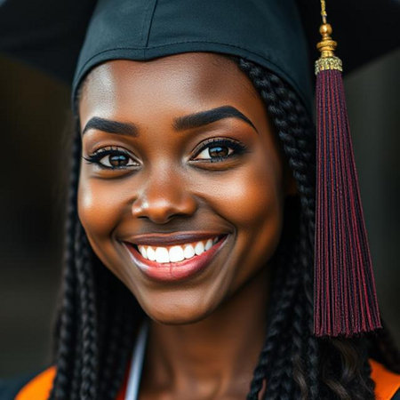 Close up portrait of a beautiful African American female graduate smilingの素材