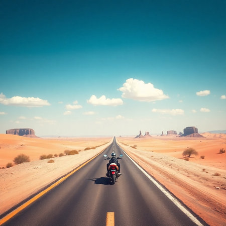 Biker on the road in Monument Valley, Arizona, USA.の素材