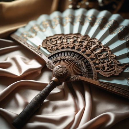 Folding fan on a silk background. Vintage style. Selective focus.の素材