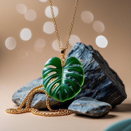 Tropical leaf monstera and gold chain on stone background.の素材