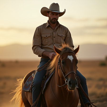 Cowboy riding his horse in the desert at sunset in the eveningの素材