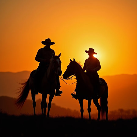 Cowboy and horseback riding at the sunset. Silhouetteの素材