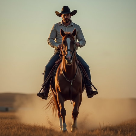 Cowboy riding a horse in the field at sunset. Cowboy on a horseの素材