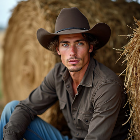 Portrait of a handsome cowboy sitting on a haystack and looking at the cameraの素材