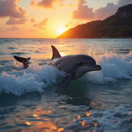 Dolphin jumping out of the sea at sunset. 3d renderingの素材