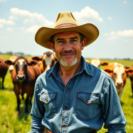 Farmer with cows on a green meadow in sunny summer dayの素材