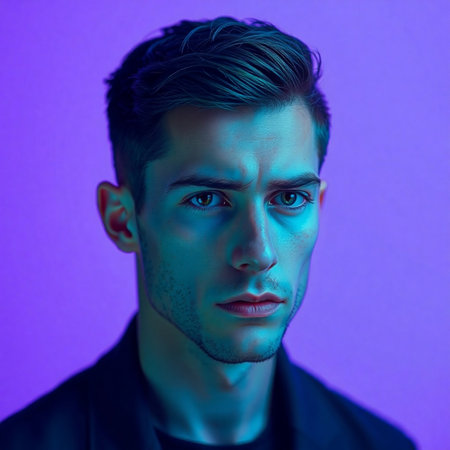Close up portrait of a handsome young man looking at camera while standing against purple backgroundの素材