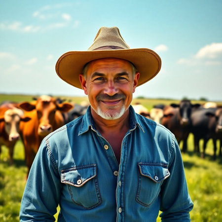Farmer standing in a field of cows and smiling at the cameraの素材