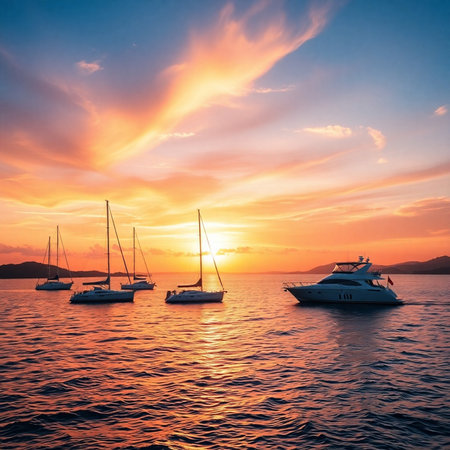 Yachts in the sea at sunset. Beautiful seascape.の素材