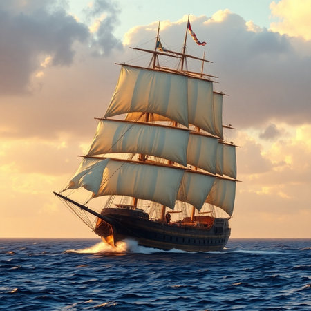 Sailing ship in the sea at sunset. 3d rendering.の素材