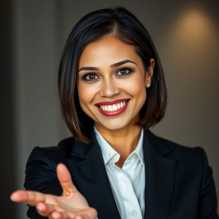 Portrait of happy smiling young business woman in black suit, showing something or blank copyspace area for slogan or text messageの素材