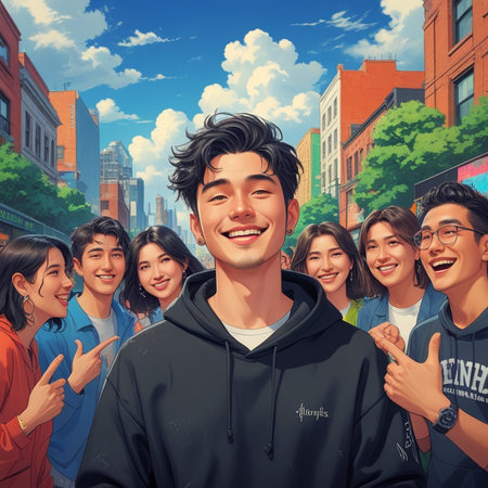 Group of young Asian people in the city. 3d renderingの素材
