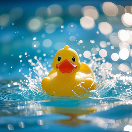 Yellow rubber duck swimming in blue water with bokeh background.の素材
