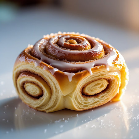 Sweet cinnamon roll with sugar glaze. Selective focus. Shallow dof.の素材