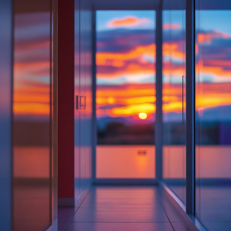 Sunset through the window of a modern office building, blurred backgroundの素材