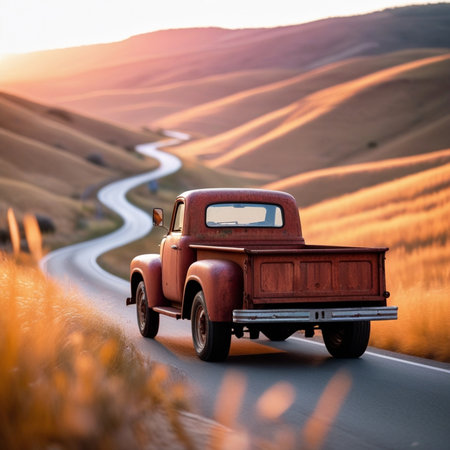 Old car on the road at sunset. Retro car on the roadの素材