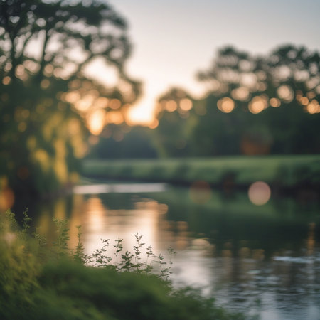Blurred view of lake in the park at sunset. Beautiful nature background.の素材