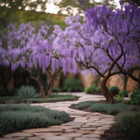 Wisteria flowers blooming in the garden with stone pathway.の素材