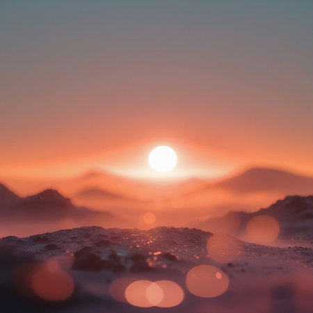 Foggy sunrise over a mountain range. Shallow depth of field.の素材