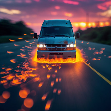 Burning car on the highway at sunset. Blurred background.の素材