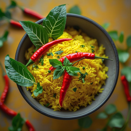 Bowl of hot spicy curry rice with chilli and herbs, selective focusの素材
