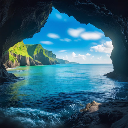 Beautiful view from the cave to the sea. Fantastic landscape.の素材