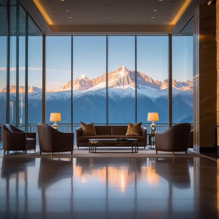Interior of a modern living room with a panoramic view of the mountainsの素材