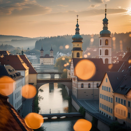 Old town of Cesky Krumlov at sunset, Czech Republicの素材