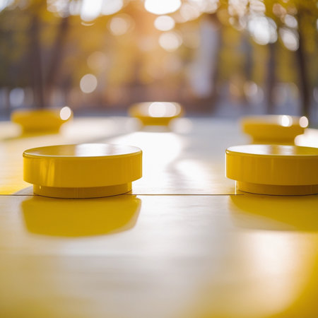 Yellow plastic barrels on the ground in the park. Selective focus.の素材