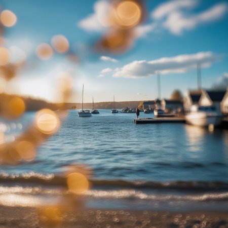 Sailing boats on a lake in the evening light. Blurred backgroundの素材