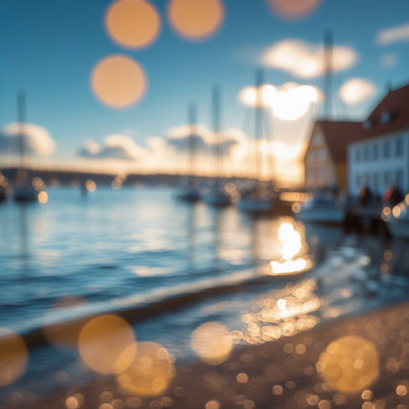 Blurred background with bokeh lights and boats on the sea.の素材