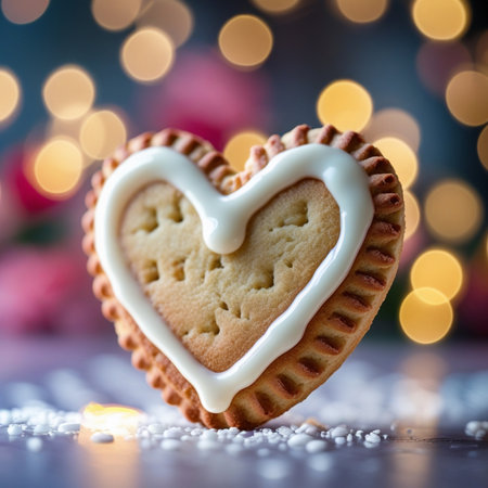 Heart-shaped cookie with white icing on a background of bokeh lightsの素材