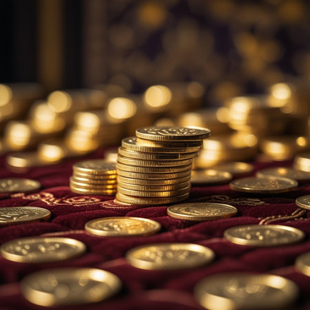 Stack of gold coins on the table. Shallow depth of field.の素材