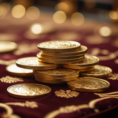 Gold coins on a red cloth. Shallow depth of field.の素材